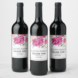 Zweige, rosa Rosa Blume und typografische Hochzeit Weinetikett