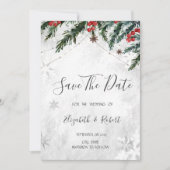 Zweige Rote Berries Schneeflocken Save the Date (Vorderseite)
