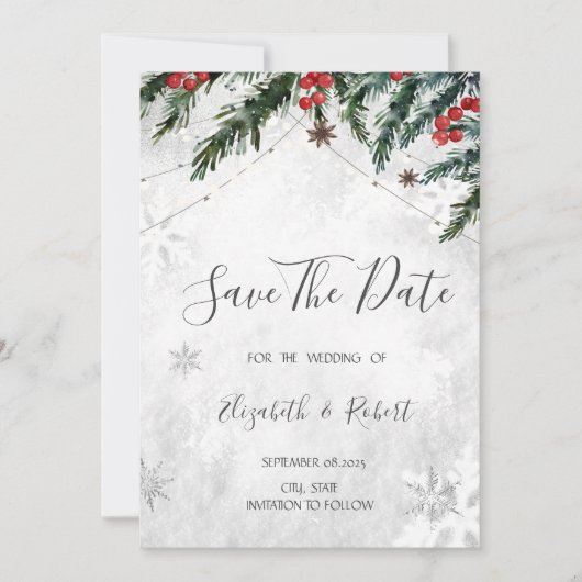 Zweige Rote Berries Schneeflocken Save the Date (Vorderseite)