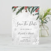 Zweige Rote Berries Schneeflocken Save the Date (Stehend Vorderseite)