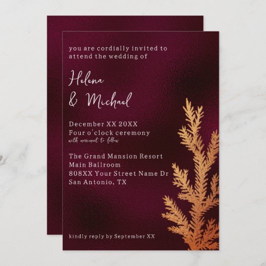 Zweigniederlassung Burgund und Kupfer Winter Hochz Einladung (Vorne/Hinten)