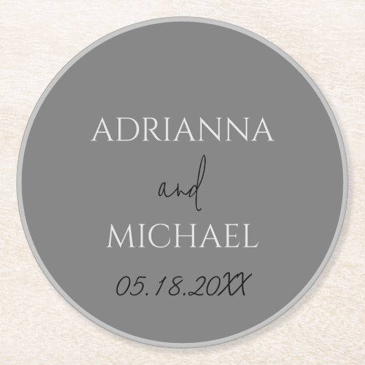 Zweigrau-Hochzeitspaare - Name und Datum Runder Pappuntersetzer (Vorderseite)