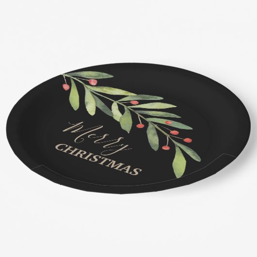 Zweigstelle Berries an Schwarzen Weihnachten Pappteller (Schrägansicht)