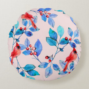 Zweigstelle mit Beeren und Vögeln Aquarell Rundes Kissen