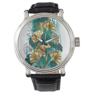 Zweigstelle mit goldenen Blätter Ginko Biloba Armbanduhr