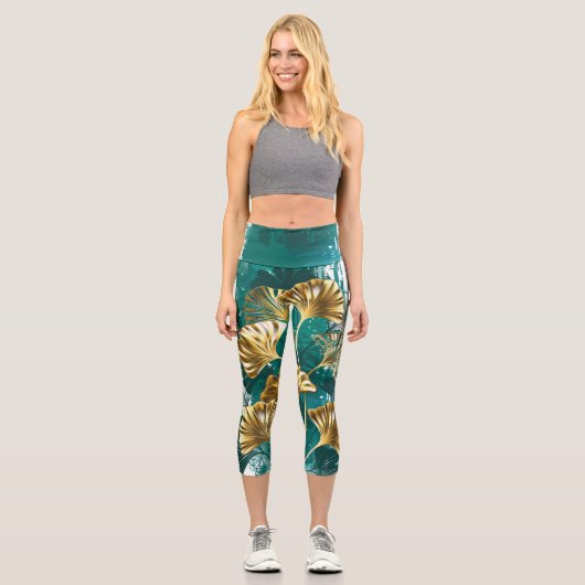 Zweigstelle mit goldenen Blätter Ginko Biloba Capri Leggings (Vorderseite)