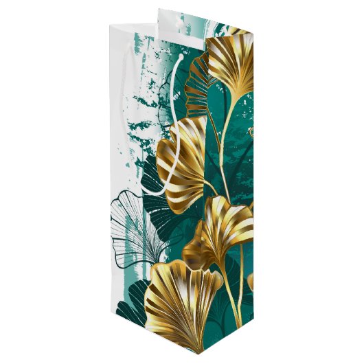 Zweigstelle mit goldenen Blätter Ginko Biloba Geschenktüte Für Weinflaschen (Rückseite Schrägansicht)