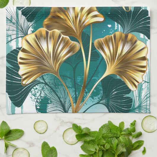 Zweigstelle mit goldenen Blätter Ginko Biloba Geschirrtuch (Gefaltet)
