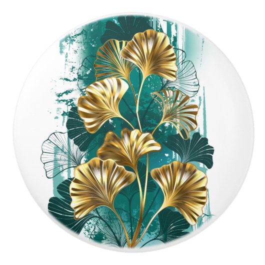 Zweigstelle mit goldenen Blätter Ginko Biloba Keramikknauf (Vorderseite)