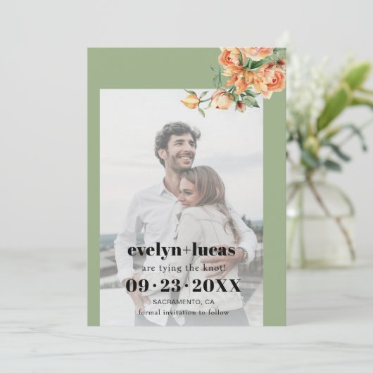 Zweigstelle mit pfirsichfarbenen Rose Hochzeit mit Save The Date (Stehend Vorderseite)