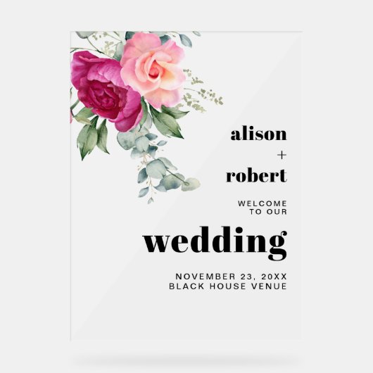 Zweigstelle mit rosa rosa mattierte WELCOME Hochze Acrylschild (Vorderseite)