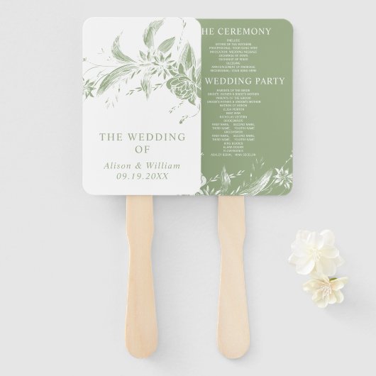 Zweigstelle mit Salbei-Grünen Blume Hochzeitsprogr Fächer (Vorne und Hinten)
