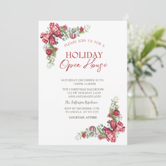 Zweigstelle Pine Tree, Ball, Bow Holiday Open Hous Einladung (Stehend Vorderseite)