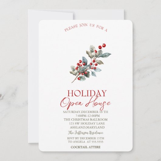 Zweigstelle Pine Tree Red Berries Holiday Open Hou Einladung (Vorderseite)