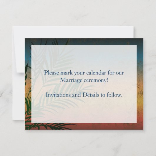 Zweigstelle Sunset Palm Tree Save the Date Einladung (Rückseite)