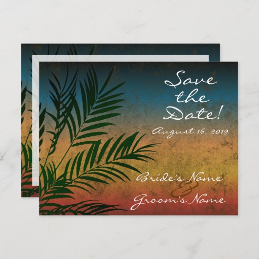 Zweigstelle Sunset Palm Tree Save the Date Einladung (Vorne/Hinten)