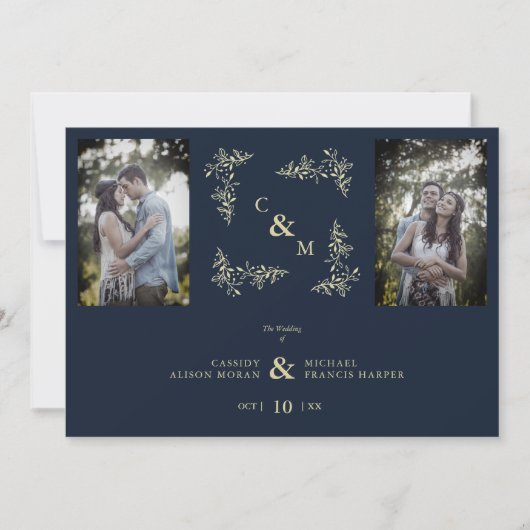 Zweigstellen 2 Fotos Navy Chic Trendy Collage Hoch Einladung (Vorderseite)