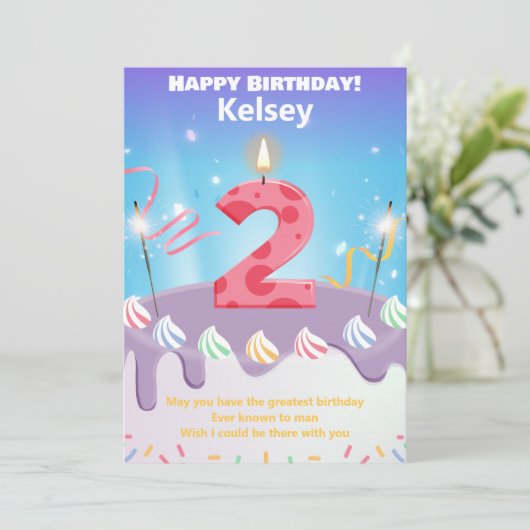 Zweijährige Happy Birthday Card personalisiert (Stehend Vorderseite)