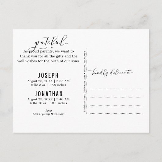 Zweimal die Liebe Zwillingsgeburt des Fotos Ankündigungspostkarte (Rückseite)
