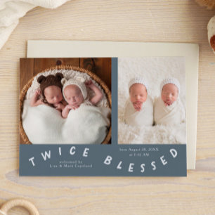 Zweimal gesegnete Typografie Slate Blue Birth Ankündigung