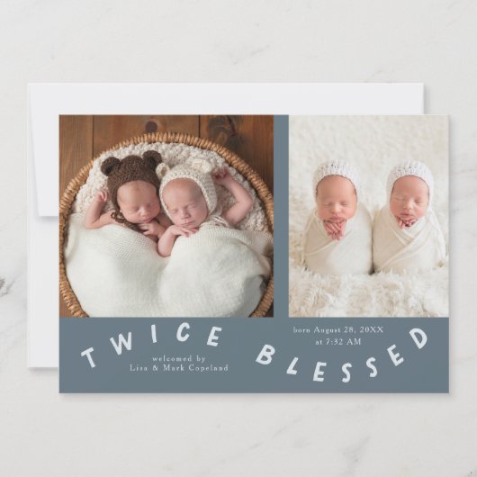 Zweimal gesegnete Typografie Slate Blue Birth Ankündigung (Vorderseite)
