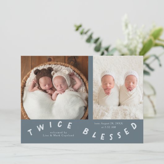 Zweimal gesegnete Typografie Slate Blue Birth Ankündigung (Stehend Vorderseite)