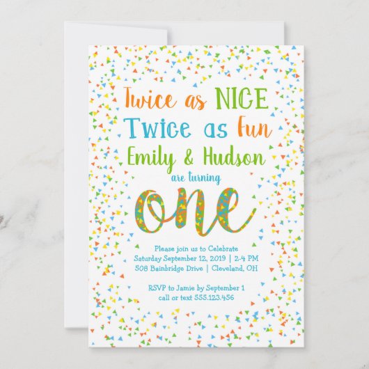 Zweimal so Nizza Confetti-Zwillings-erster Einladung (Vorderseite)