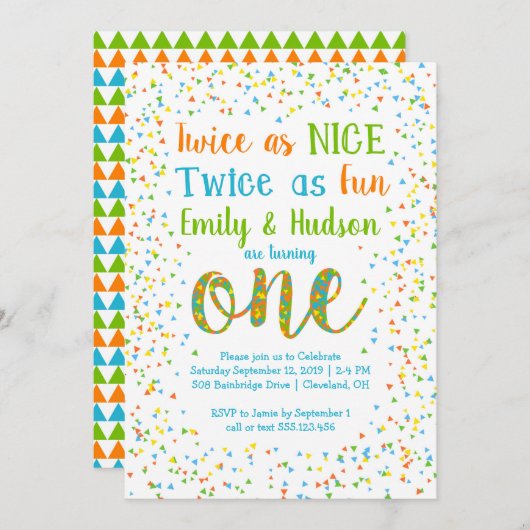 Zweimal so Nizza Confetti-Zwillings-erster Einladung (Vorne/Hinten)