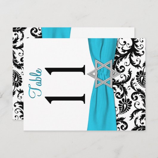 Zweiseitige Aqua, Schwarz, Weiße Damaske-Tischnumm Postkarte (Vorne/Hinten)