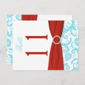 Zweiseitige Aqua-Tischnummer, rot, weiß Damast Postkarte (Vorne/Hinten)