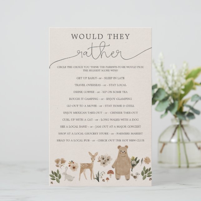 Zweiseitige Baby-Duschspiele Boho Woodland (Stehend Vorderseite)