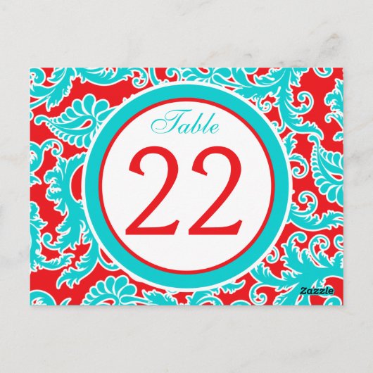 Zweiseitige Tischnummer Blau, Rot, Weißer Damast (Rückseite)