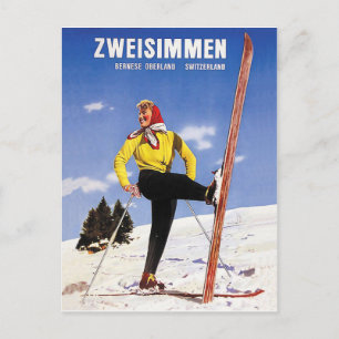 Zweisimmen, Berner Oberland, Schweiz, Ski Postkarte