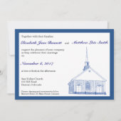 Zweisprachige blaue Kapellen-Hochzeits-Einladung Einladung (Vorderseite)