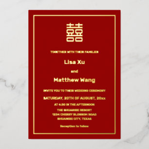 Zweisprachige Chinesische Hochzeit in Rot und Gold Folieneinladung