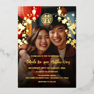 Zweisprachige Foto Rot Gold Chinesische Hochzeit Folieneinladung