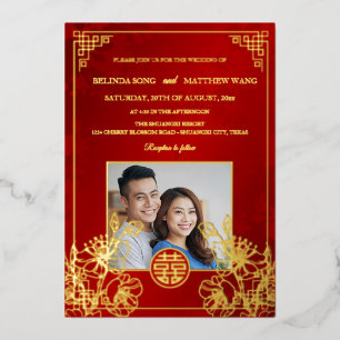 ZWEISPRACHIGE Foto Rot Gold Chinesische Hochzeit Folieneinladung