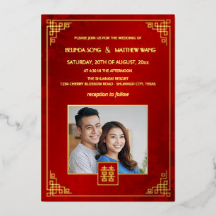 ZWEISPRACHIGE Foto Rot Gold Chinesische Hochzeit Folieneinladung