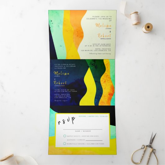 Zweisprachige Hochzeit - Jewel All in one Einladun Dreifach Gefaltete Einladung (Innenseite)