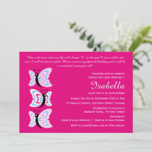 Zweisprachige Quinceañera Butterfly zum Geburtstag Einladung (Stehend Vorderseite)