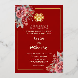 Zweisprachige Rosen Rot Gold Chinesische Hochzeit Folieneinladung