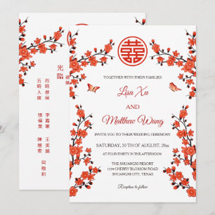 Zweisprachige Rote Blüten Chinesische Hochzeit Einladung
