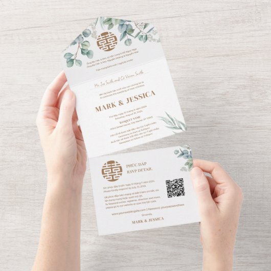 Zweisprachige vietnamesische Eukalyptus Traditione All In One Einladung (Abreißen)