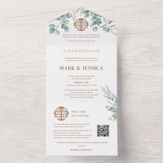 Zweisprachige vietnamesische Eukalyptus Traditione All In One Einladung (Innen Boden)