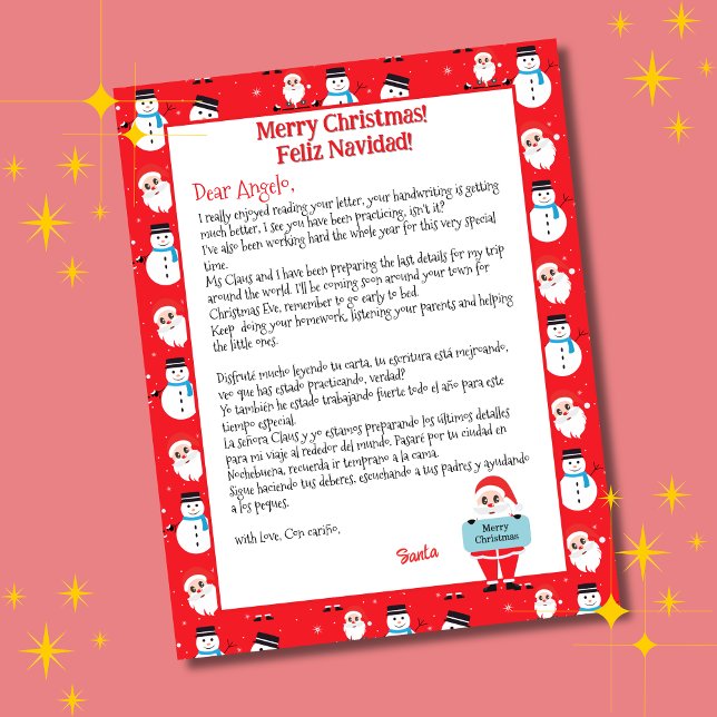 Zweisprachiger Red Santa Letter für Kinder Spanisc (Red bilingual letter from Santa Christmas, personalized name & Spanish text. Multilingual Project)