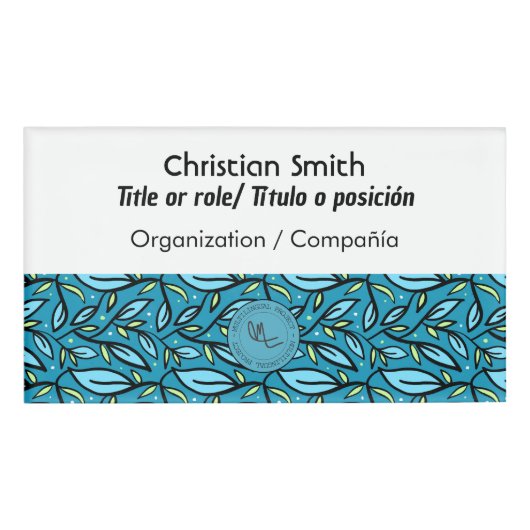 Zweisprachiges blaues Blätter Muster Abzeichen Namenschild (Vorderseite)