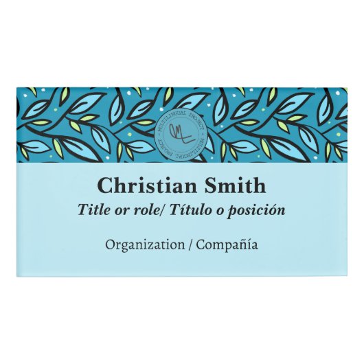 Zweisprachiges blaues Türkis-Blätter-Muster Namenschild (Vorderseite)