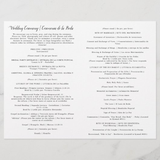 Zweisprachiges Spanisch Katholisches Hochzeitsprog (Rückseite)