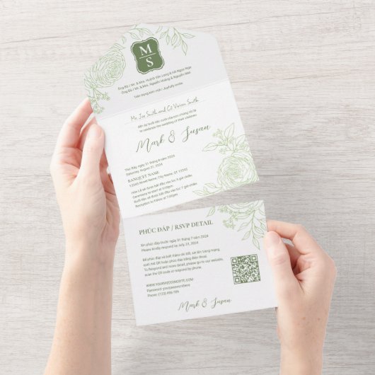 Zweisprachiges vietnamesisches Ranunculus Traditio All In One Einladung (Abreißen)