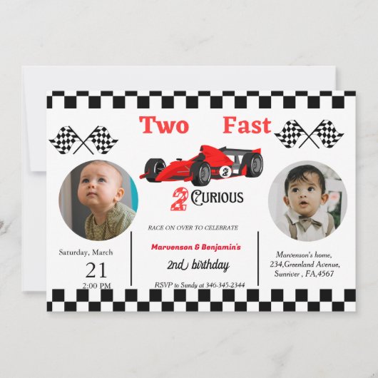 Zweitägige Rennfahrer mit zwei Jungen wachsen zwei Einladung (Vorderseite)